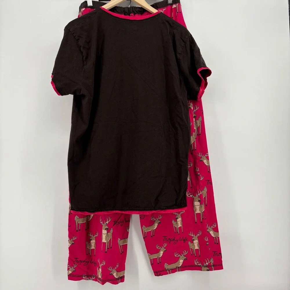 Lazy One Womens Pajama Set L/XL Pink Brown Trophy Wife Deer Graphic Cabin Life
